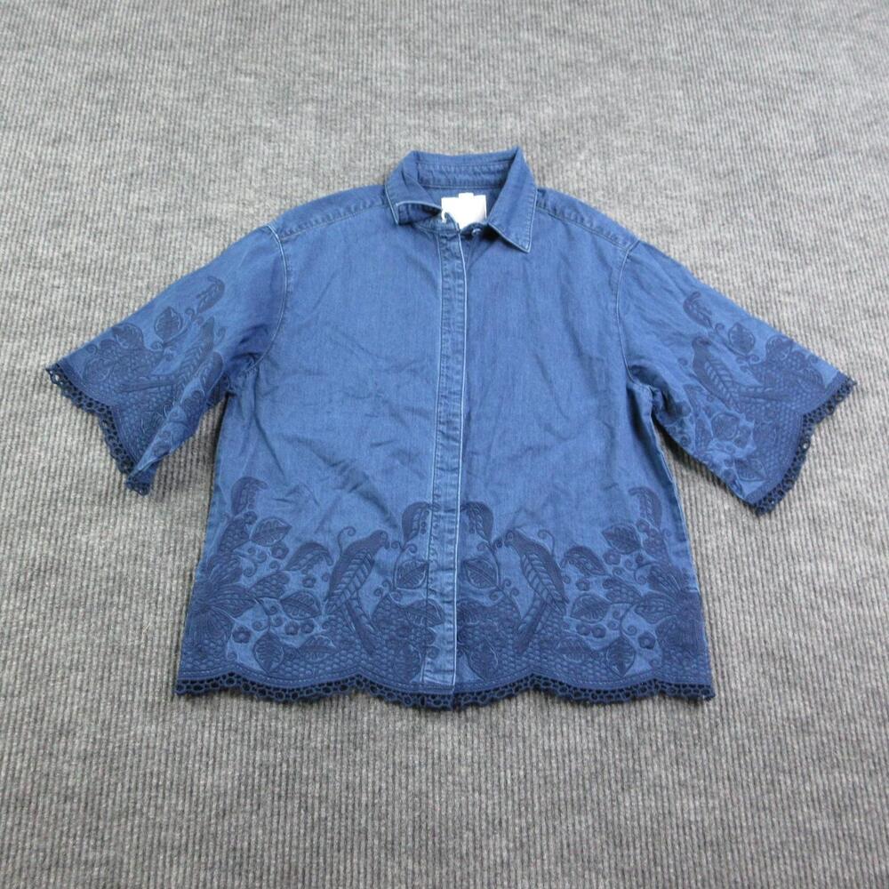 BAYEAS Tunic Womens S Blue Denim Button-Up Embroidered Floral Short Sleeve NWT